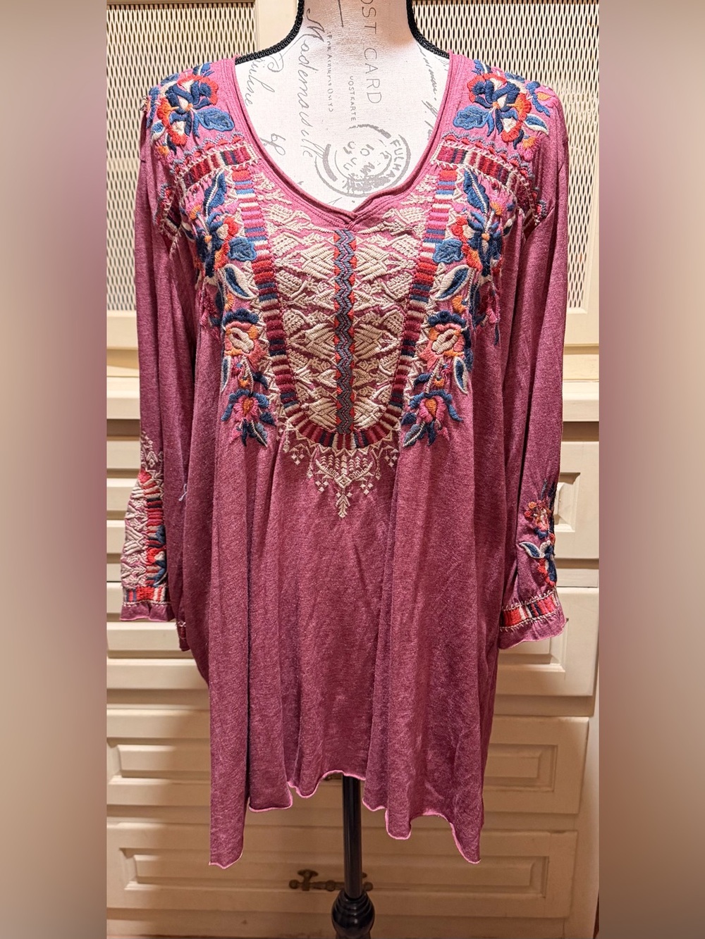 Johnny Was Dusty Rose Embroidered Slub Knit Boho Tunic Top